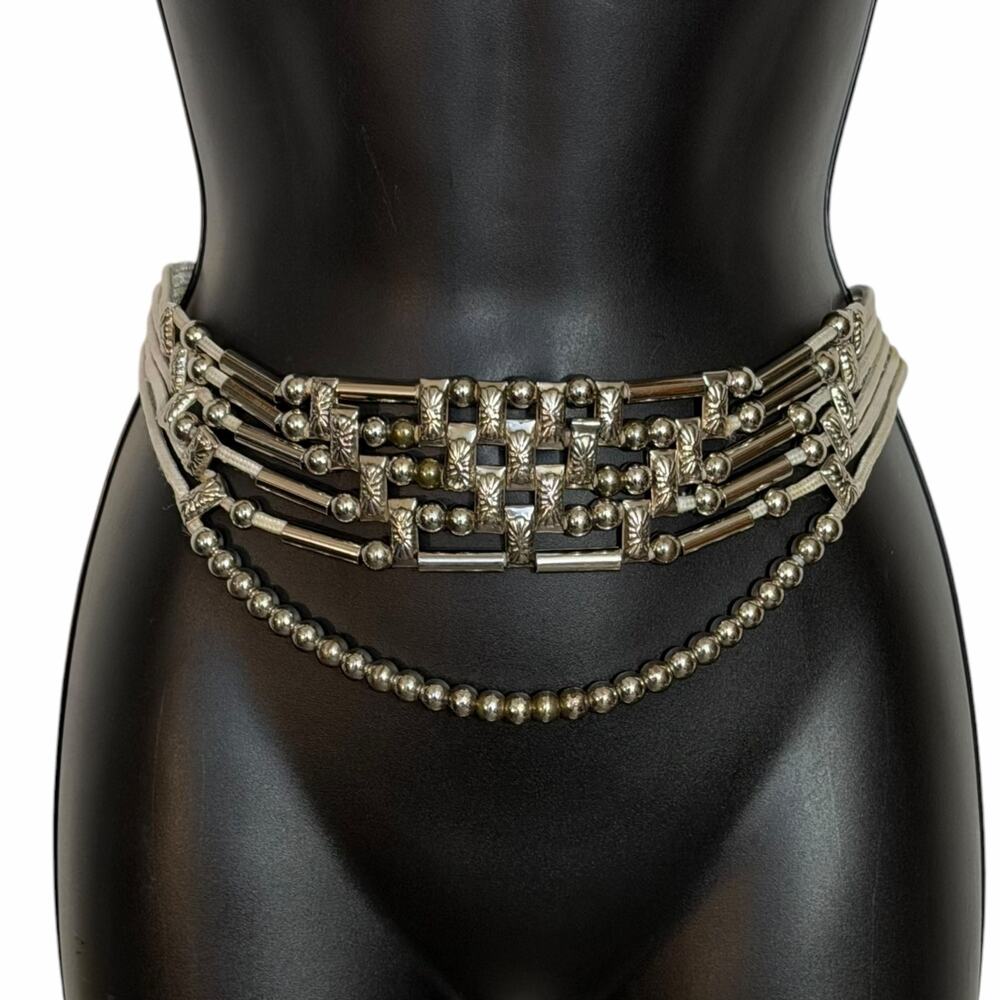 Vtg 80 90s Boho Multi Strand Silver Metal Beads Belt Cord Retro Western Wide M L